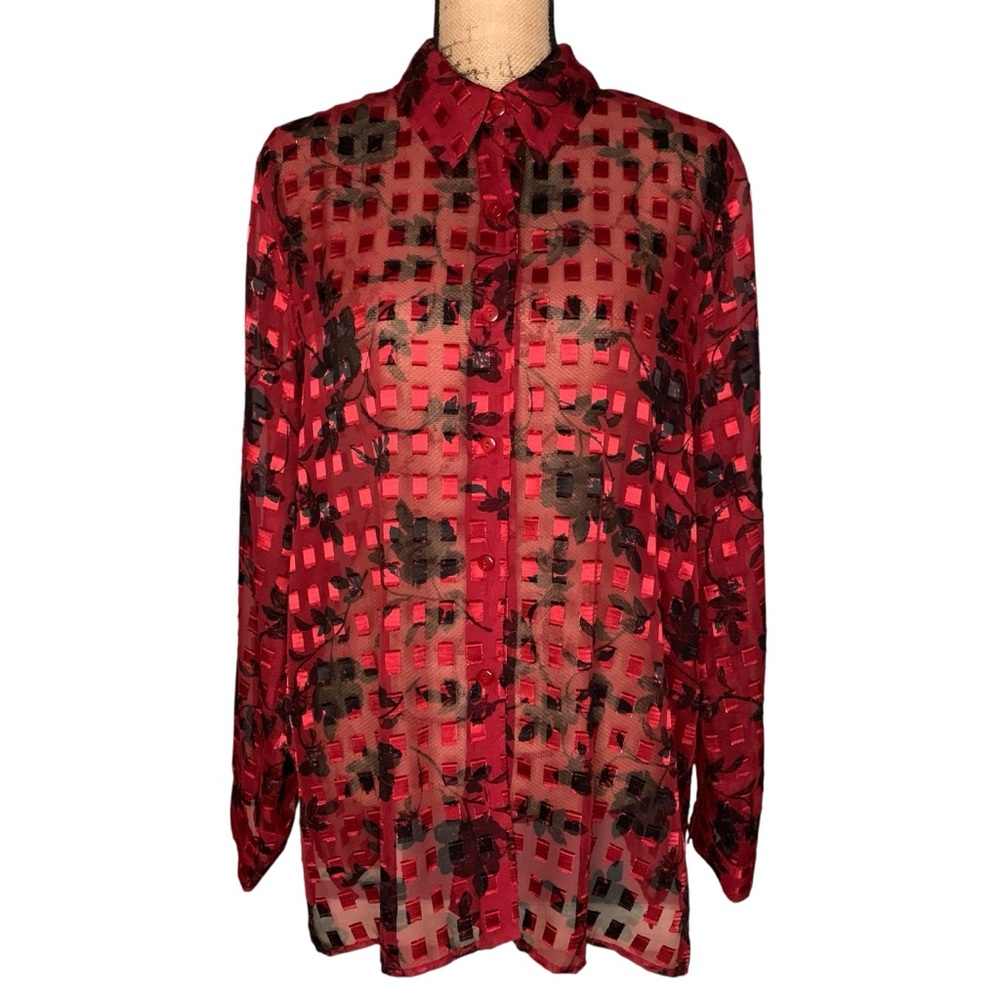 Vintage Notations Red and Black Sheer Blouse